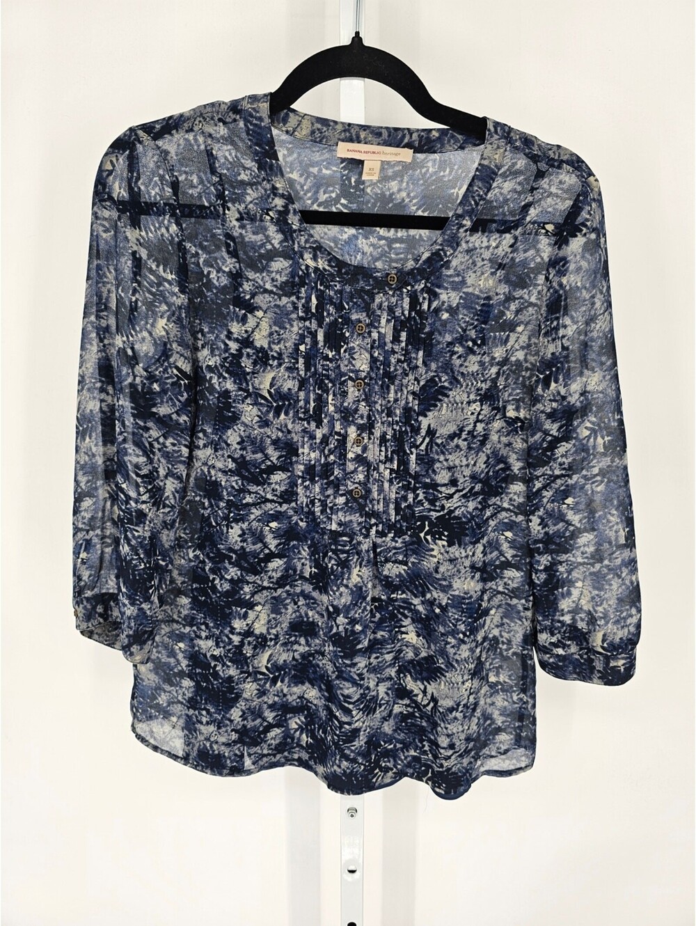 Heritage by Banana Republic Womens Sz XS Long Sleeve Blouse Blue White Print